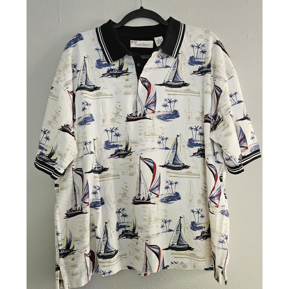 American Summer Polo Shirt Men Extra Large White Blue Cotton Sailboat Palm AOP